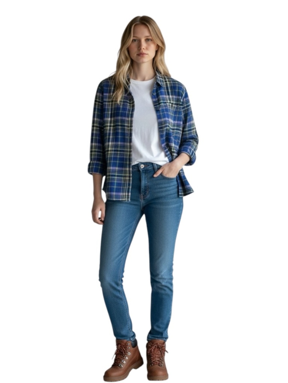 LANDS’ END Button Down Plaid Shirt in Blue/Yellow/White Size M (10-12) -- FALL!! - Picture 7 of 7